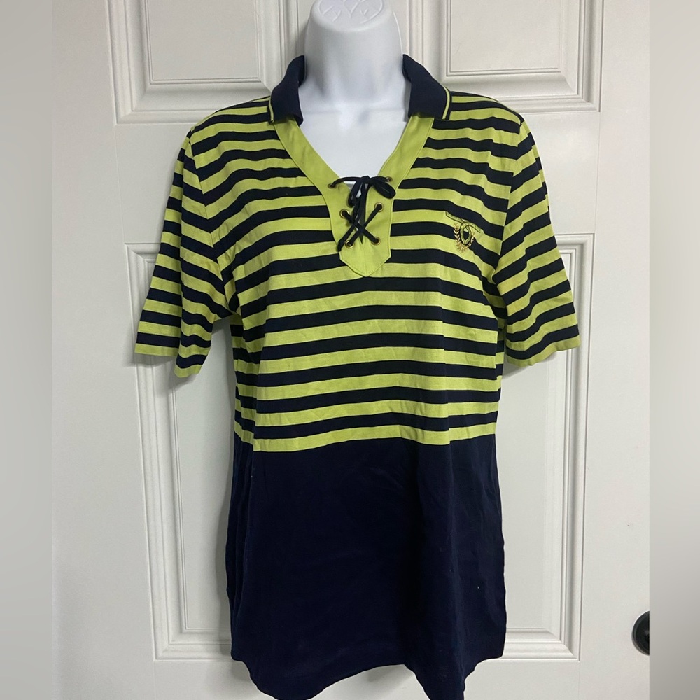 5- VOLPATO Navy-Green Collared Stripe Lace-Up T-Shirt
